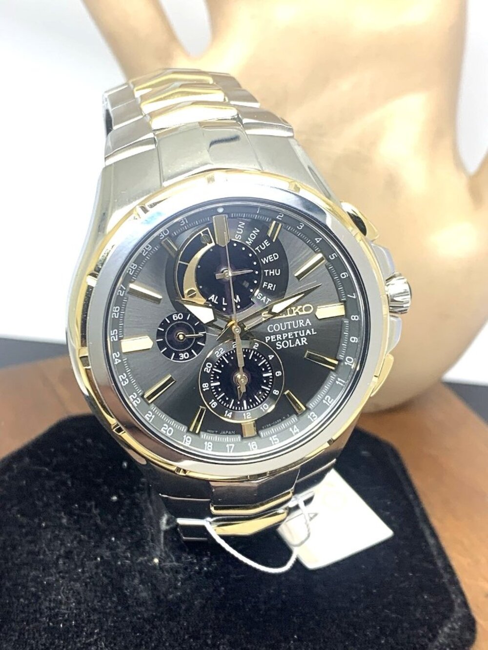 Seiko Men's Watch SSC376 Coutura Black Dial Solar Chronograph Two Tone Steel